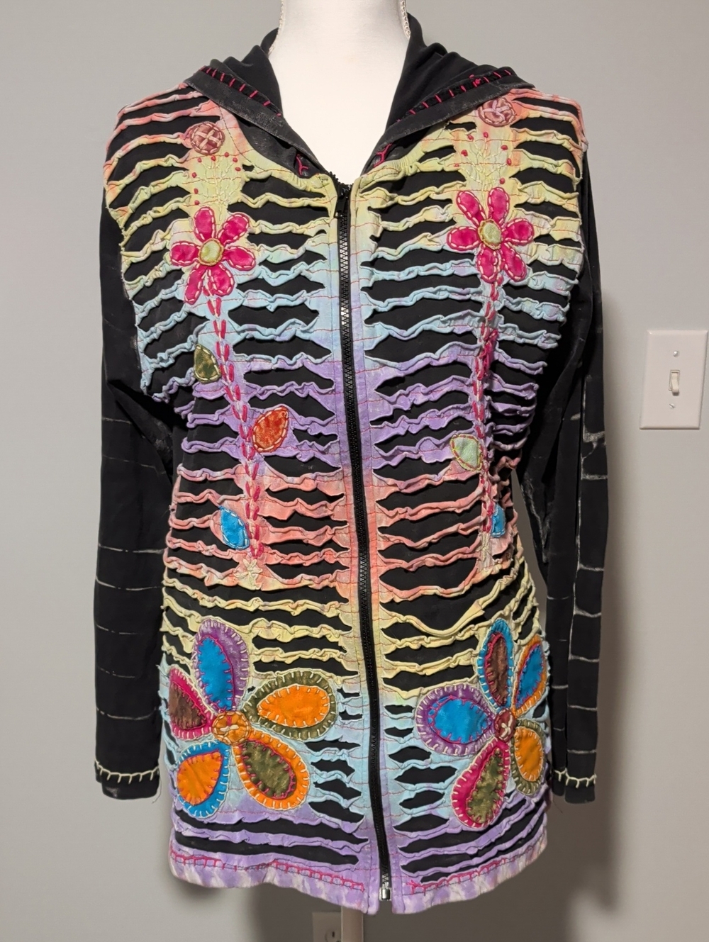 Colorful Floral Cutout Hooded Swim Cover-Up - Black with Rainbow Accents